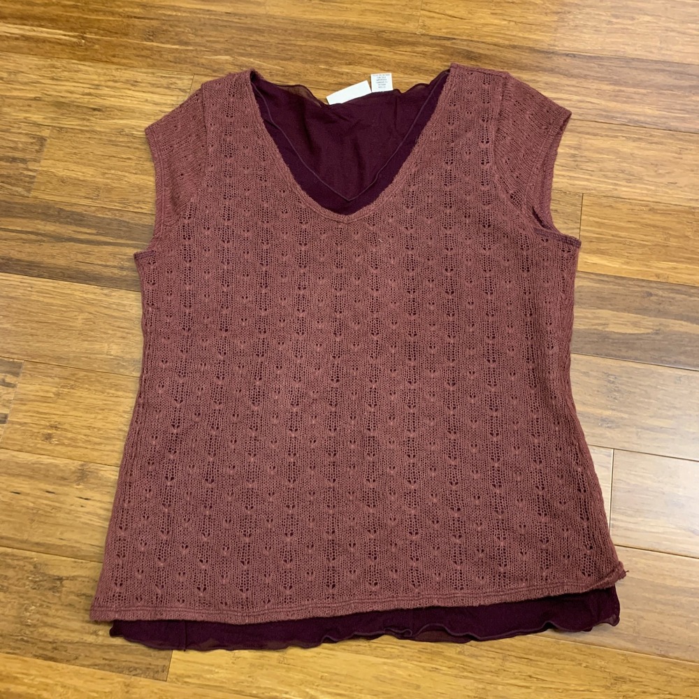 DKNY Jeans Womens Burgundy Knit Layered V Neck Cap‎ Sleeve Top Size XL Blouse